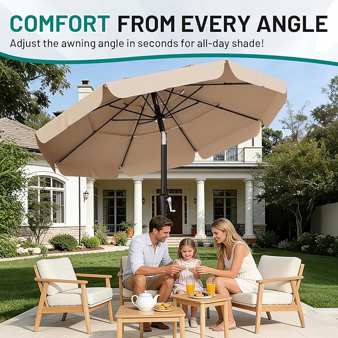 AreShark 9FT 3-Tiers Patio Umbrella with Valance, Outdoor Umbrellas with Crank/Tilt, Table Market Umbrella Vented w/ 8 Sturdy Ribs for Garden, Deck, Backyard, and Pool, Beige