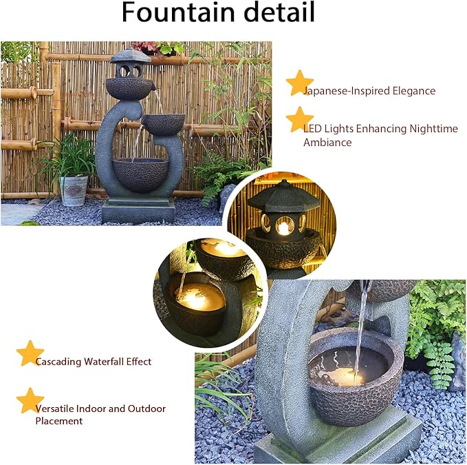 Tankana Outdoor Garden Water Fountain - Modern Tranquil Zen Pagoda Waterfalls Fountains Bowl with LED Lights & Pump for Patio Yard Porch Pool Decor, Gray, 35.5 inches