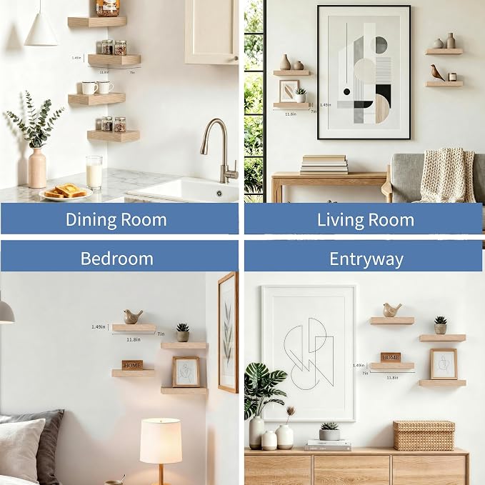 Oak Wood Floating Shelves for Wall, 12 Inch Wooden Shelves Set of 4 | Bathroom Decor Shelf, Easy Install, Heavy Duty, 33lbs Max Load, Hidden Brackets, Bedroom Living Room Kitchen Display Storage