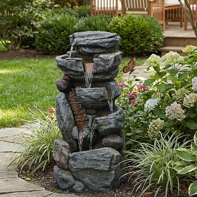 Bumilgar Water Features Outdoor Patio 6-Tier Cascading Rock Water Fountain 31.5''Water Fall Fountain Outside Resin Fountain with Light Mossy Rock Floor Garden Fountain Indoor for Relaxation Home Decor
