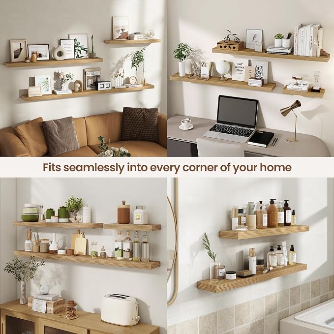 Acovy 72 Inch Floating Shelves for Wall 2 Pack, 72" Wall Shelves for Books, Storage, Decor, Wall Mounted Floating Shelf with Invisible Brackets for Kitchen, Living Room, Light Brown