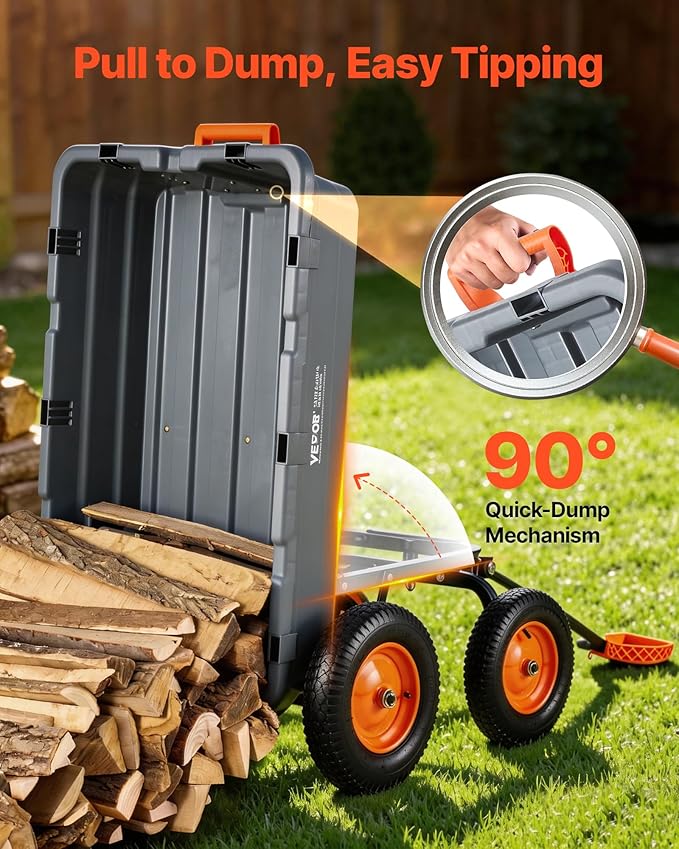 VEVOR 10 Cu.Ft 1500LBS Poly Garden Cart Dump Wagon, Heavy Duty Wheelbarrow with Convertible Handle and 16" Flat Free Tires, Outdoor Yard Wagon ATV Trailer Dump Cart Tow Behind for Lawn Mower Tractor