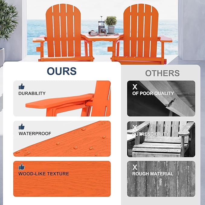 Vongrasig Adirondack Chairs Set of 2 with Removable Tabletop, Outdoor HDPE Plastic Fire Pit Chair Set with Wooden Textured, Cup Holder for Patio, Poolside, Deck, Garden, Orange, 3 Pieces