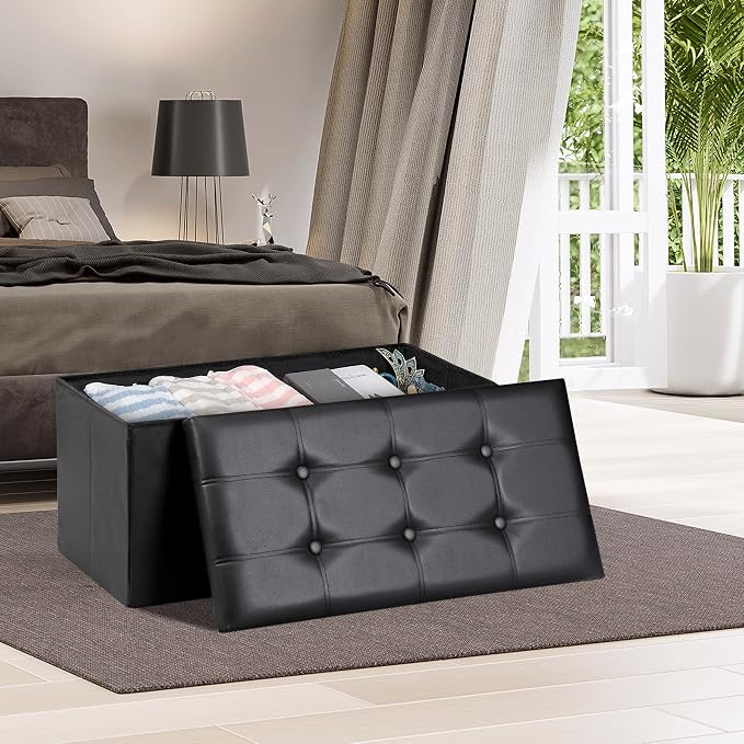 JupiterForce Ottoman Storage Bench, 30 Inches Folding Faux Leather Ottoman Foot Rest Stool, Footstool Bench w/Storage&Padded Seat for Bedroom, Entryway, Living Room, Holds up to 350lbs, Black
