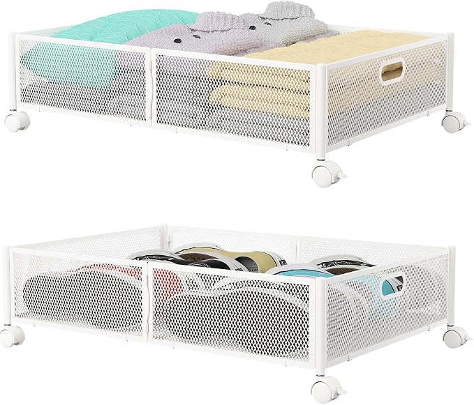 PHINOX Under Bed Storage with Wheels & Handle,Sturdy Metal,2 Pack,White