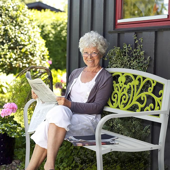 Outvita Outdoor Bench, 50" Metal Frame Garden Bench Patio Porch Furniture with Plastic Floral Design Backrest Powder-Coated Chair Yard Entryway Deck Furniture(White & Yellow)