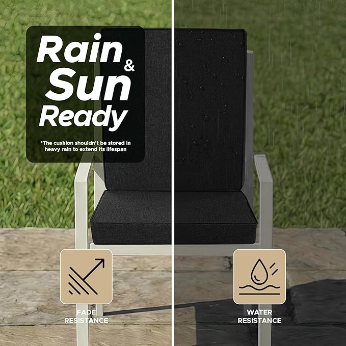 Outdoor Chair Cushions, Water-Resistant & Fade-Resistant, Patio Furniture Lawn Dining Chair Seat Replacement with Mid Back, Ties Zipper, Removable Cover, 18 x 16.5 Inch, Set of 2, Black