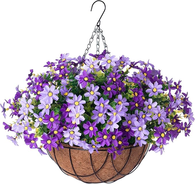 INXUGAO Artificial Flowers with Hanging Planter for Outdoors, Faux Silk Daisy Flower UV Resistant Plants in Basket Indoor Porch Garden Yard Spring Summer Decor(Purple)