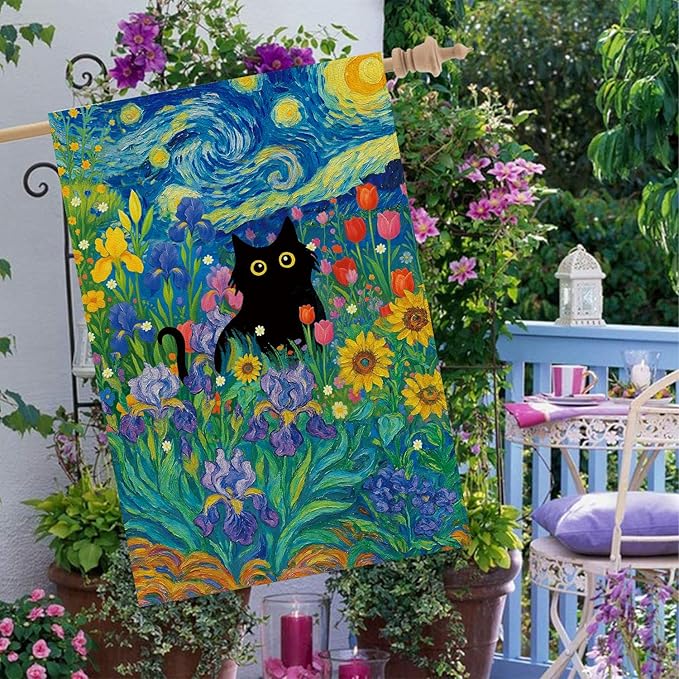 Baccessor Spring Summer Black Cat House Flag Double Sided 28x40 Inch Burlap,Starry Night Sunflowers Welcome Large Garden Flag Porch Patio Yard Seasonal Farmhouse Outside Outdoor Decor