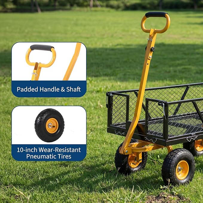 Heavy Duty Steel Garden Cart, 950 LBS Load Capacity Garden Wagon with 10 inch Tire and 180° Rotating Handle Attach to ATV or Tractor, Black