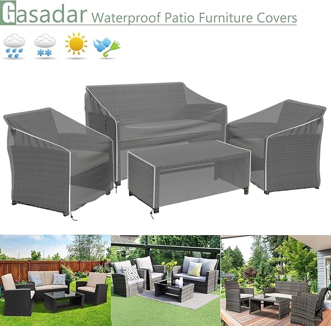 Gasadar Patio Furniture Covers, 4-Piece Outdoor Furniture Cover Waterproof for Patio Loveseat, Chair and Coffee Table, 500D Heavy Duty, Grey