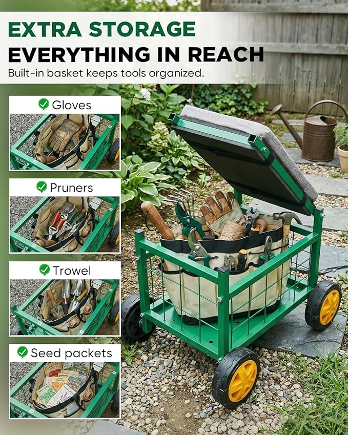 Saker Rolling Garden Cart with Seat & Wheels - 15.7'' EVA Padded Rolling Stool, 500 lb Steel Frame, Large Storage Basket - Garden Wagon Workseat for Patio Lawn Yard (Basic Version)
