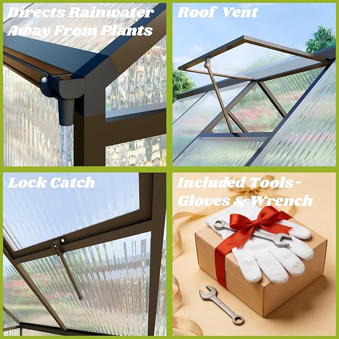 6 x 6 FT Greenhouse for Outdoors, Polycarbonate Greenhouse with Quick Setup Structure and Roof Vent, Aluminum Large Walk-in Green House for Outside Garden Backyard, Charcoal Black