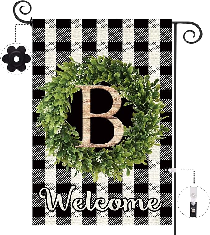 Baccessor Monogram Letter B Garden Flag 12.5 x 18 Inch, Buffalo Plaid Family Last Name Initial Boxwood Wreath Welcome Vertical Double Sided Small Flags for Outdoor Outside Decoration