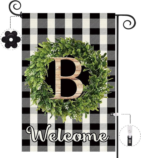 Baccessor Monogram Letter B Garden Flag 12.5 x 18 Inch, Buffalo Plaid Family Last Name Initial Boxwood Wreath Welcome Vertical Double Sided Small Flags for Outdoor Outside Decoration