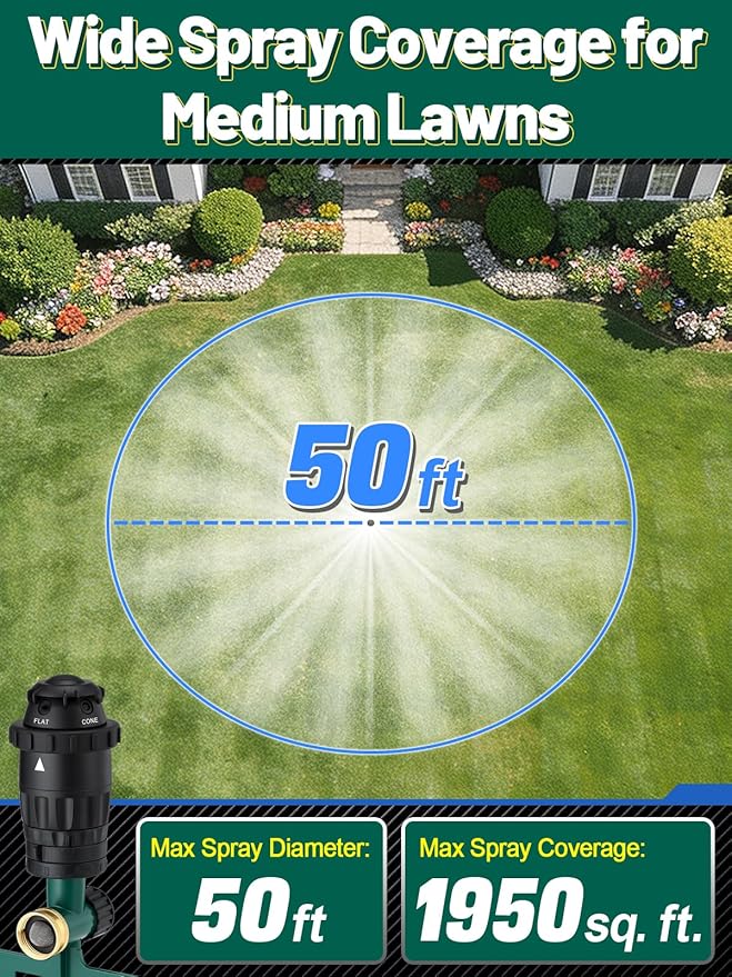 Adjustable Spray Coverage Sprinklers for Yard - Sturdy Aluminum Alloy Spike & 5 Spray Patterns Lawn Sprinkler, Efficient Irrigation System for Medium Garden Uneven Ground