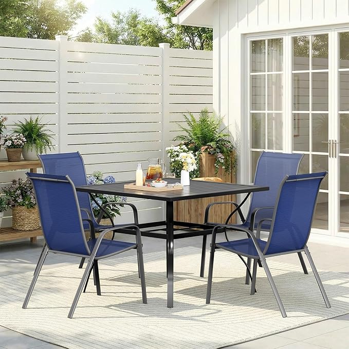 TLSUNNY Patio Chairs, Stackable Textilene Outdoor Dining Furniture for All Weather, with 17.7″ Wide Seat & Metal Frame, for Garden, Backyard, Deck, Restaurant, Poolside (4, Navy Blue, 26.4″)
