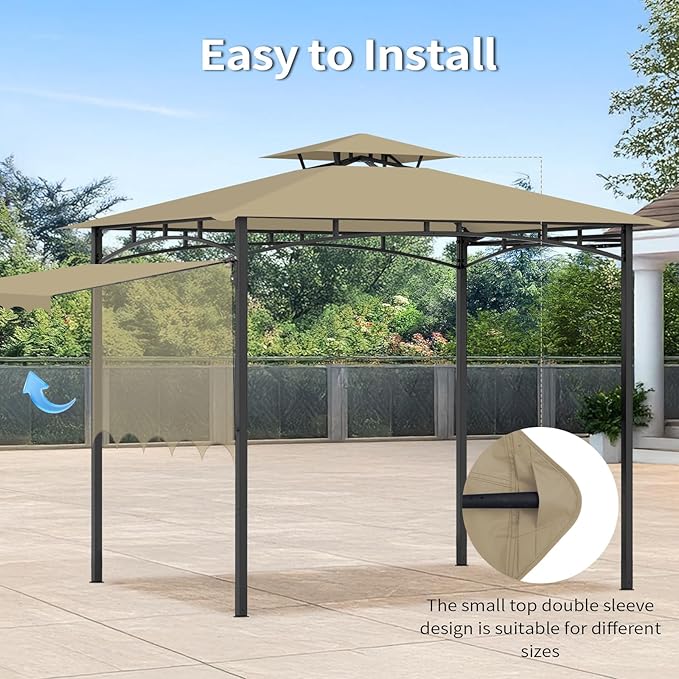 Grill Gazebo Replacement Canopy Top Only - 5' x 11' Outdoor BBQ Gazebo Canopy Roof with Extra Side Awning, Waterproof Double Tiered Shelter Cover (Khaki, 5x11)