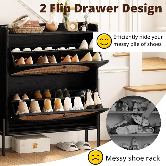 IRONCK Rattan Shoe Cabinet Storage with 2 Flip Drawers, Black