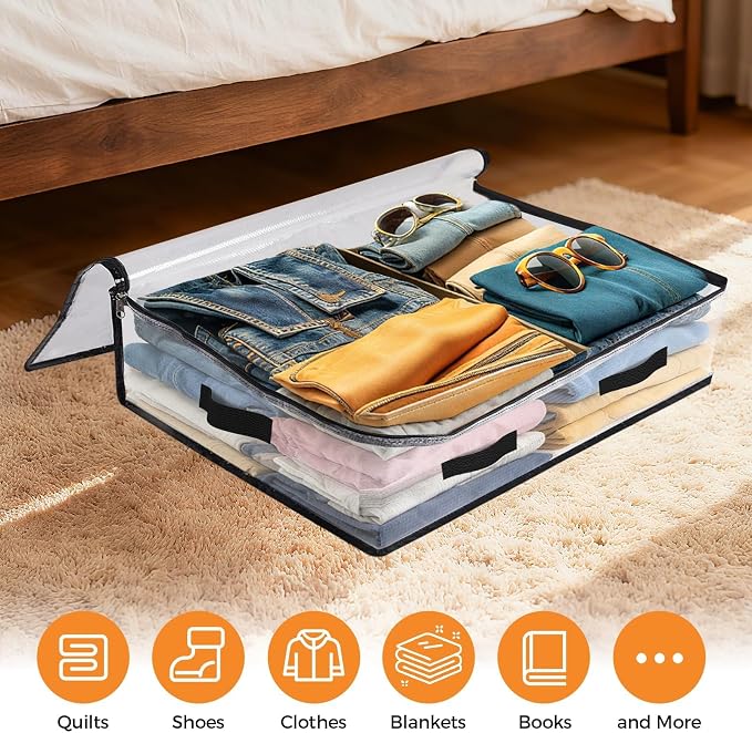 8 Pack Under Bed Storage Bags, 60L Foldable Clear Containers with Handles