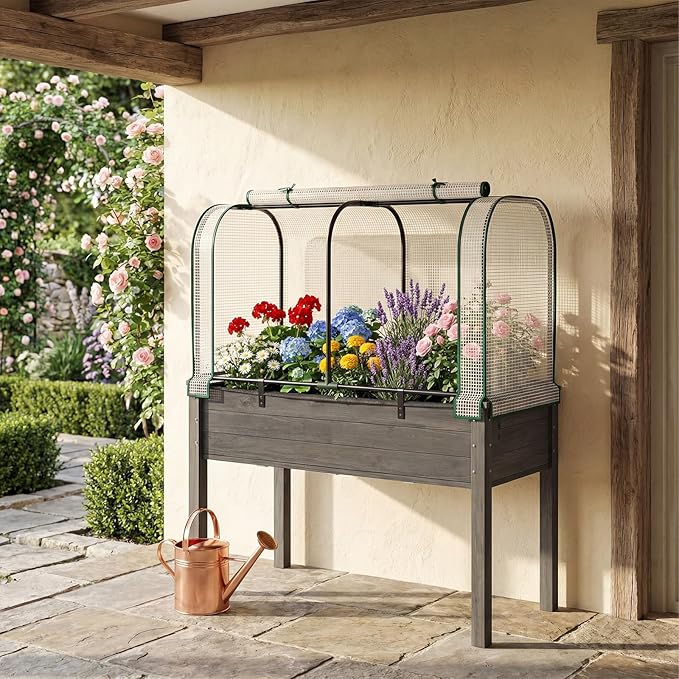 Giantex Raised Garden Bed with Cover, Wood Elevated Planter Box with Legs & Mini Greenhouse, Waterproof Sun-Protective PE Green House Cover, Outdoor Use for Fruit Vegetable Flower Herb (White+Gray)
