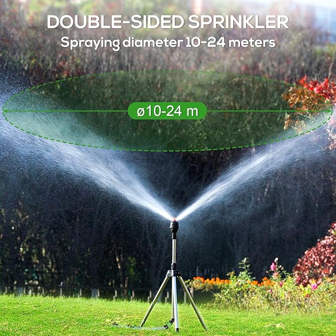 Rotating Tripod Sprinkler, Sprinklers for Lawn Garden Yard, 360 Degree Large Area Automatic Double-Sided Coverage, Telescoping Water Sprinkler with Metal Tripod Base