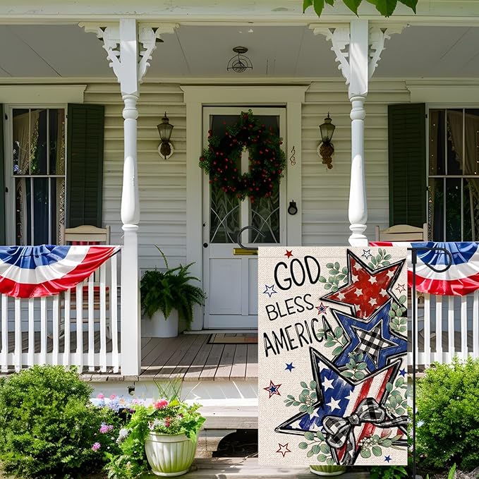 4th of July Garden Flag 12x18 Inch Double Sided Outside God Bless America Patriotic Stars Eucalyptus Memorial Day Independence Day Holiday Outdoor Yard Decoration