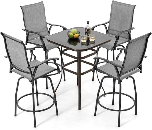 NUU GARDEN 5 PCS Patio Bar Set, Outdoor Tempered Glass Square Bar Table and Textilene Swivel Bar Stools with High Backrest, Bar Height Outdoor Table and Chairs for Patio, Garden, Backyard and Balcony