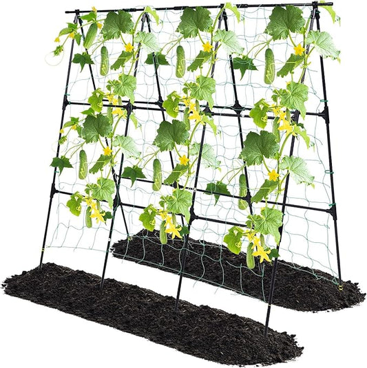 OTOSUNNY Garden Trellis for Climbing Plants Outdoor, Cucumber Trellis for Raised Bed Garden, A Frame Vine Plants Support for Vegetable Tomatoes Peas Pole Beans Trellis, 50x48 inch, with Netting, Black