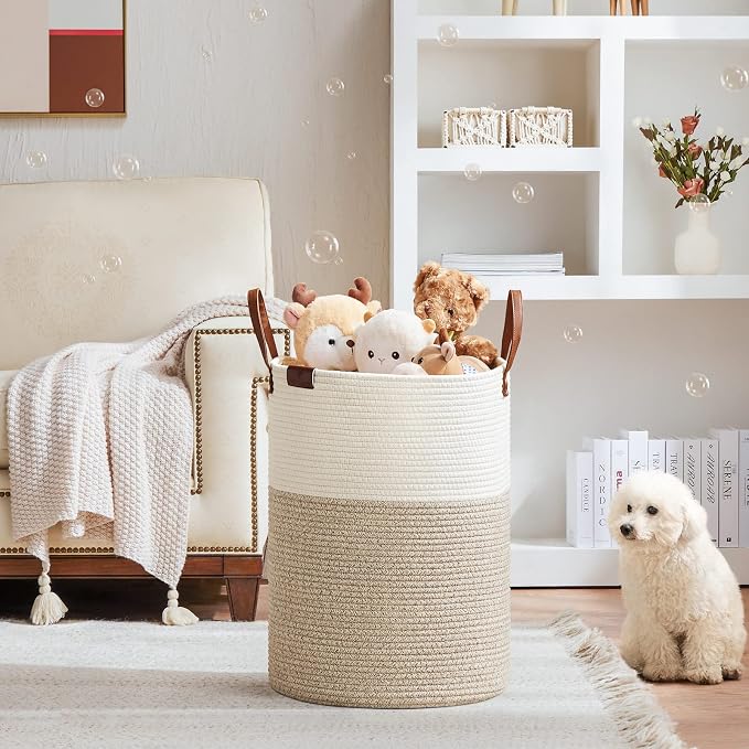 VIPOSCO 72L Tall Woven Rope Laundry Hamper, Leather Handles, White & Brown | Large Wicker Laundry Basket for Dirty Clothes, Blanket, Toy, Towel, Yoga Mat, Storage Bin in Bedroom, Bathroom, Living Room