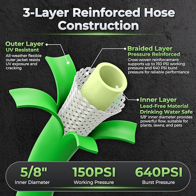 Garden Hose 100 Ft With 8-Pattern Spray Nozzle, 5/8" Lead-Free Flexible Water Hose With 3/4" Anodized Aircraft-Grade Aluminum Interface, Lightweight No-Kink Water Pipe For Lawn, Yard, Outdoor Cleaning