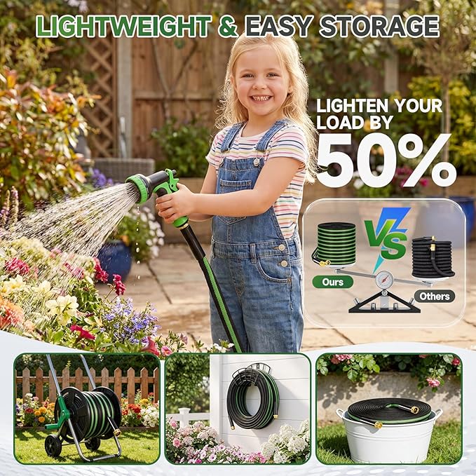 Garden Hose 50 ft Flexible Water Hoses Non-Expanding Lightweight Portable No Kink High Pressure Flat Fabric 3/4” fittings Leak-proof Durable Pipe for Outdoor Outside Yard Lawn Patio Watering Car Wash