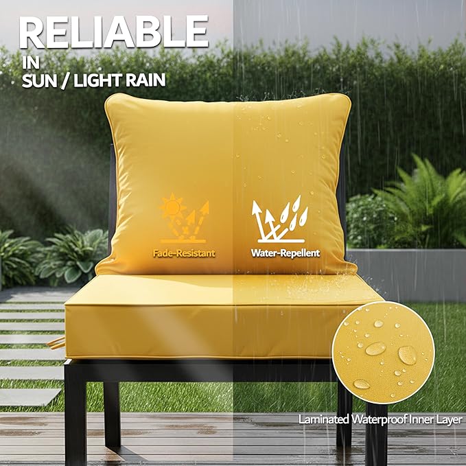 22x22 Inch Patio Chair Cushions Set of 4, Outdoor Furniture Cushions - Removable Cover, Water-Repellent, Fade-Resistant, Non-Slip Bottom & Straps, Replacement for Lawn, Porch & Deck Chair - Yellow