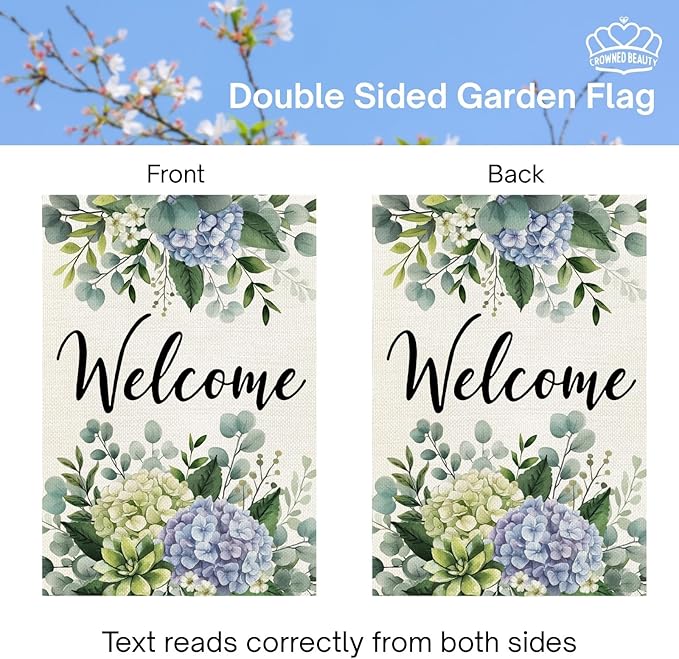 CROWNED BEAUTY Spring House Flag Hydrangea Eucalyptus Double Sided 28x40 Inches Large Burlap Welcome Holiday Seasonal Yard Decoration for Outside Porch
