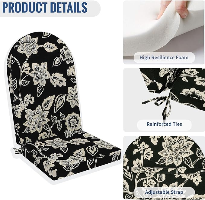 Outdoor Foam Adirondack Cushion, Water Repellent Foam Cushion for Adirondack Chairs Patio Furniture, 44 x 19 Inch, Elegant Vines Black