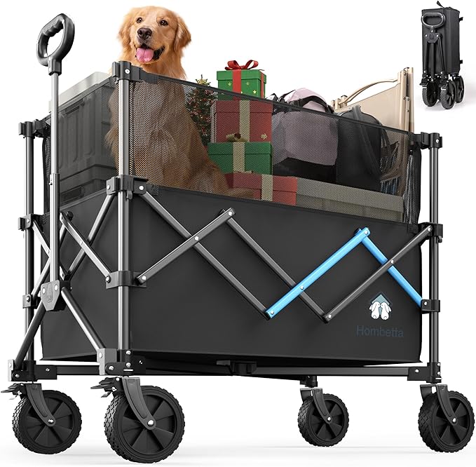 Homebetta Collapsible Wagon Cart, 450LBS Heavy Duty Collapsible Wagon with Brake, All-Terrain Wheels, Removable Fabric Cover, Adjustable Capacity 150L–300L for Garden, Moving, Glamping, Beach, Gift