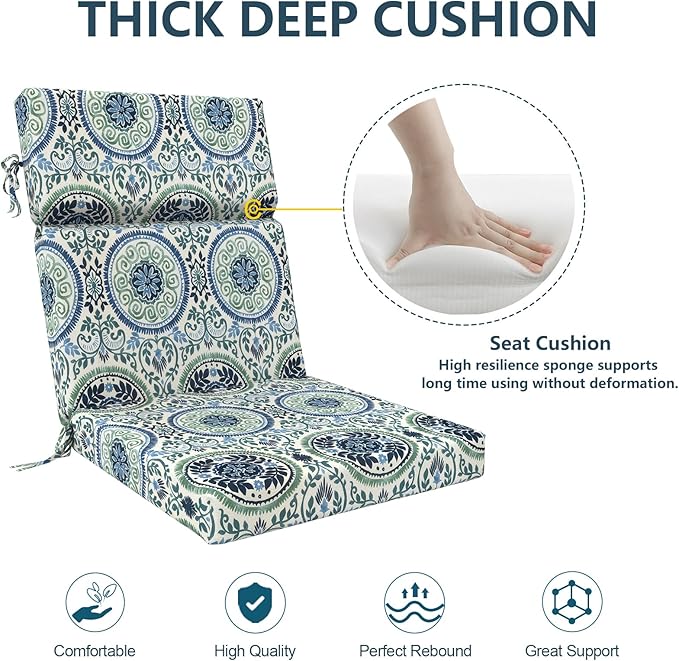 DYTXIII Outdoor High Back Chair Cushions Set of 2, 44"x22" Water Repellent Patio Seat Cushions with Elastic Sponge, All Weather Chair Pads for Rocking, Dining Chairs, Patio Furniture - Wreath Blue