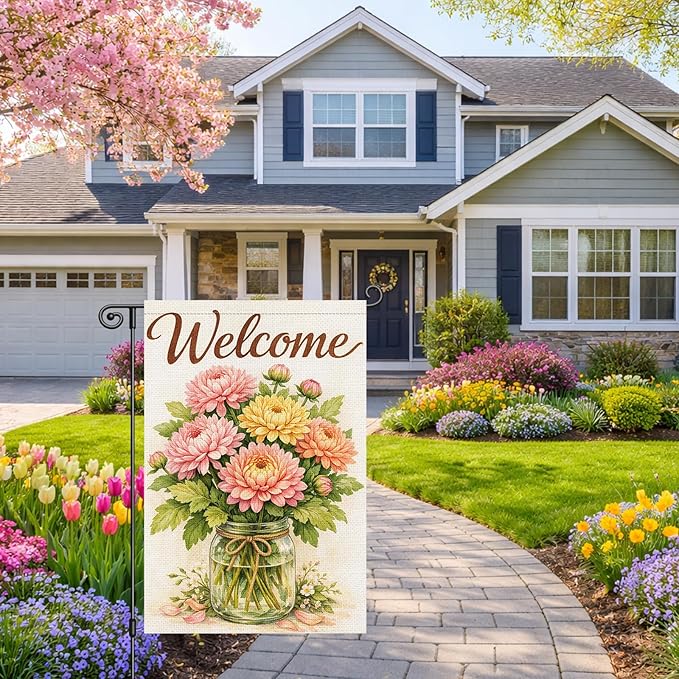 Heyfibro Spring Garden Flag 12x18 Inch Double Sided Chrysanthemum Garden Flag Small Yard Flags for Outside House Farmhouse Seasonal Spring Outdoor Decorations