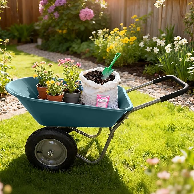 Dual Wheel Garden Wheelbarrow,Heavy Duty Yard Cart with 10“/15" Pneumatic Tires, Rustproof Poly Tray & Steel Handle, 300 lbs Capacity Utility Cart for Lawn, Farm, and Landscaping (Green-15“)