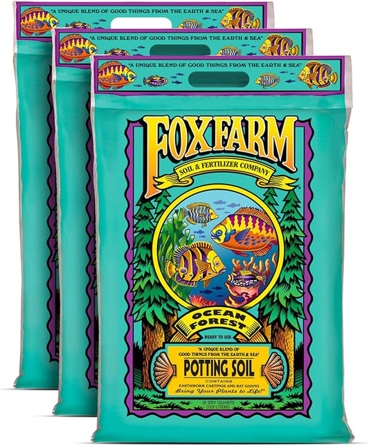 FoxFarm Ocean Forest Potting Soil for Container Gardens - Light, Aerated Texture with Fish Meal, Crab Meal, Earthworm Castings - Houseplant Potting Mix for Seedlings & Plant Starts - 2 x 12 Quart