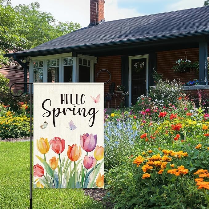 Hello Spring Flags for Outside,Tulip Garden Flag for Yard Patio Lawn Decoration,12x18 Inch Double Sided