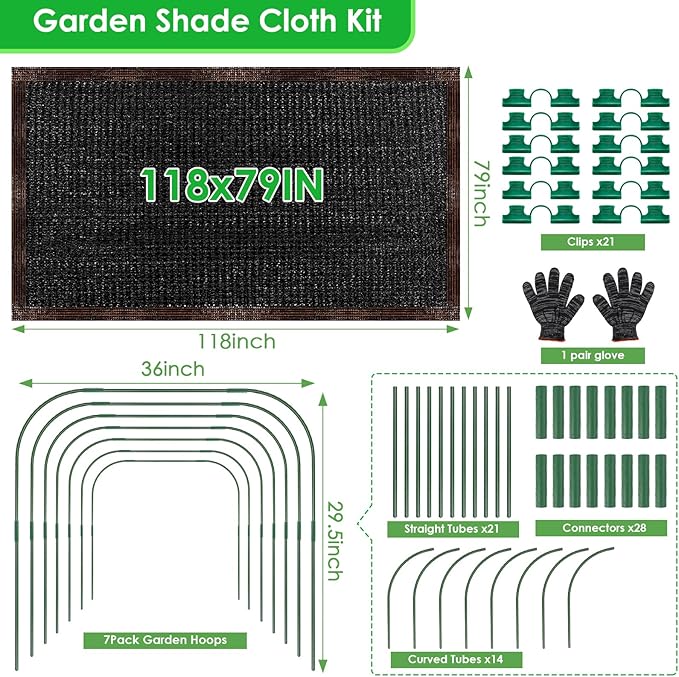 Upgraded 118"x79" Garden Shade Canopy Kit, 70% Garden Shade Cloth for Plants Heat Protection with 7 Sets Garden Hoops for Raised Beds, Plant Sun Shade Cover for Outdoor Plants Vegetables