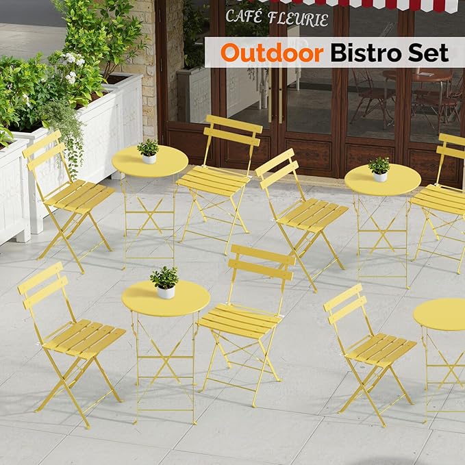 VINGLI Outdoor Folding Bistro Table and Chairs Set of 2, 3-Piece Bistro Set with Premium Steel Frame and Comfortable Cushions for Patio, Balcony, Garden, Porch, Yard, Yellow