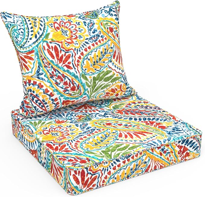 LVTXIII Outdoor Deep Seat Cushion 24"x24"x4" Patio Seat and Back Cushion Set Seasonal Chair Cushion for Dining Arm Chairs, Wicker Chairs and Garden Furniture Decoration, Paisley Multi