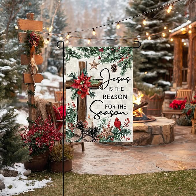 CROWNED BEAUTY Christmas Garden Flag Jesus Is the Reason for the Season 12x18 Inch Double Sided Religious Cross Decoration for Outside Yard CF1890-12