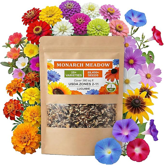 Wildflower Seeds Mix (3oz) - 89.400+Seeds - Non-GMO Milkweed Seeds for Monarch Butterflies - 25+Varieties Annual & Perennial Wildflowers Mix - Bulk Flower Seeds for Pollinator Gardens