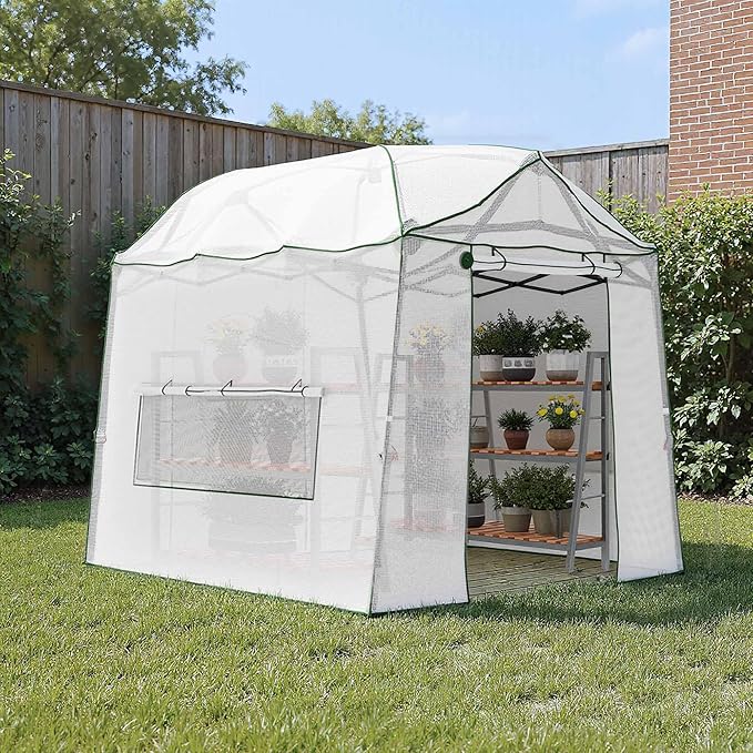 8.5 x 7 ft Pop-up Greenhouse, Walk-in Green House for Indoor Outdoor, Plant Garden Green House with Zippered Doors, Screen Windows, Heavy Duty Frame and Weather-Resistant Durable PE Cover