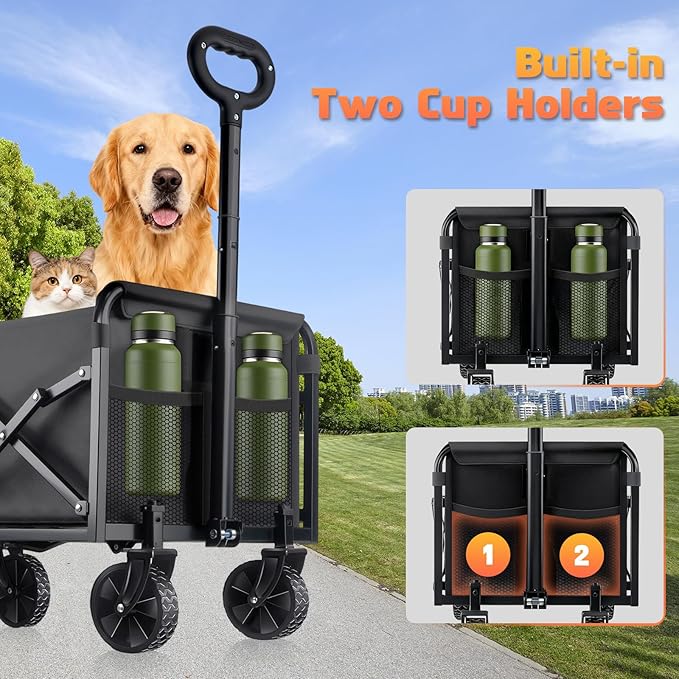Collapsible Foldable Wagon Cart with Wheels - 360LBS Heavy Duty Folding Wagon Carts, Portable Lightweight Utility Wagon with All-Terrain Wheels & 2 Cup Holders, Grocery/Beach/Sports/Shopping/Black