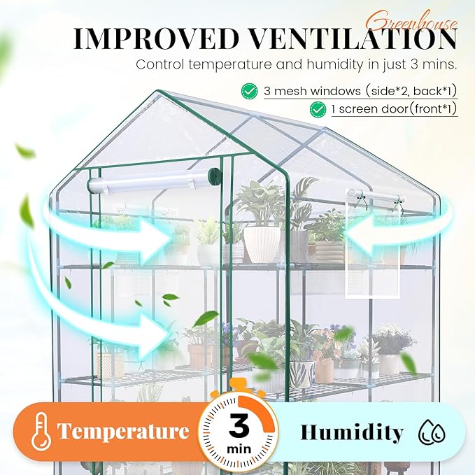 KING BIRD Premium Greenhouse for Outdoors, 56x56x77 Upgraded PVC Cover & Heavy Duty Steel Frame Walk-in Portable Green House for Outside Garden, Screen Windows & Mesh Door, 3 Tiers 10 Shelves, Clear
