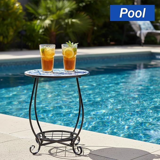 Mosaic Outdoor Side Table - Round Flower Patio Accent with Plant Stand, 14" Coffee Tea Metal Outside End Table for Yard Patio Porch Balcony Garden Indoor Living Room Bedroom Decor